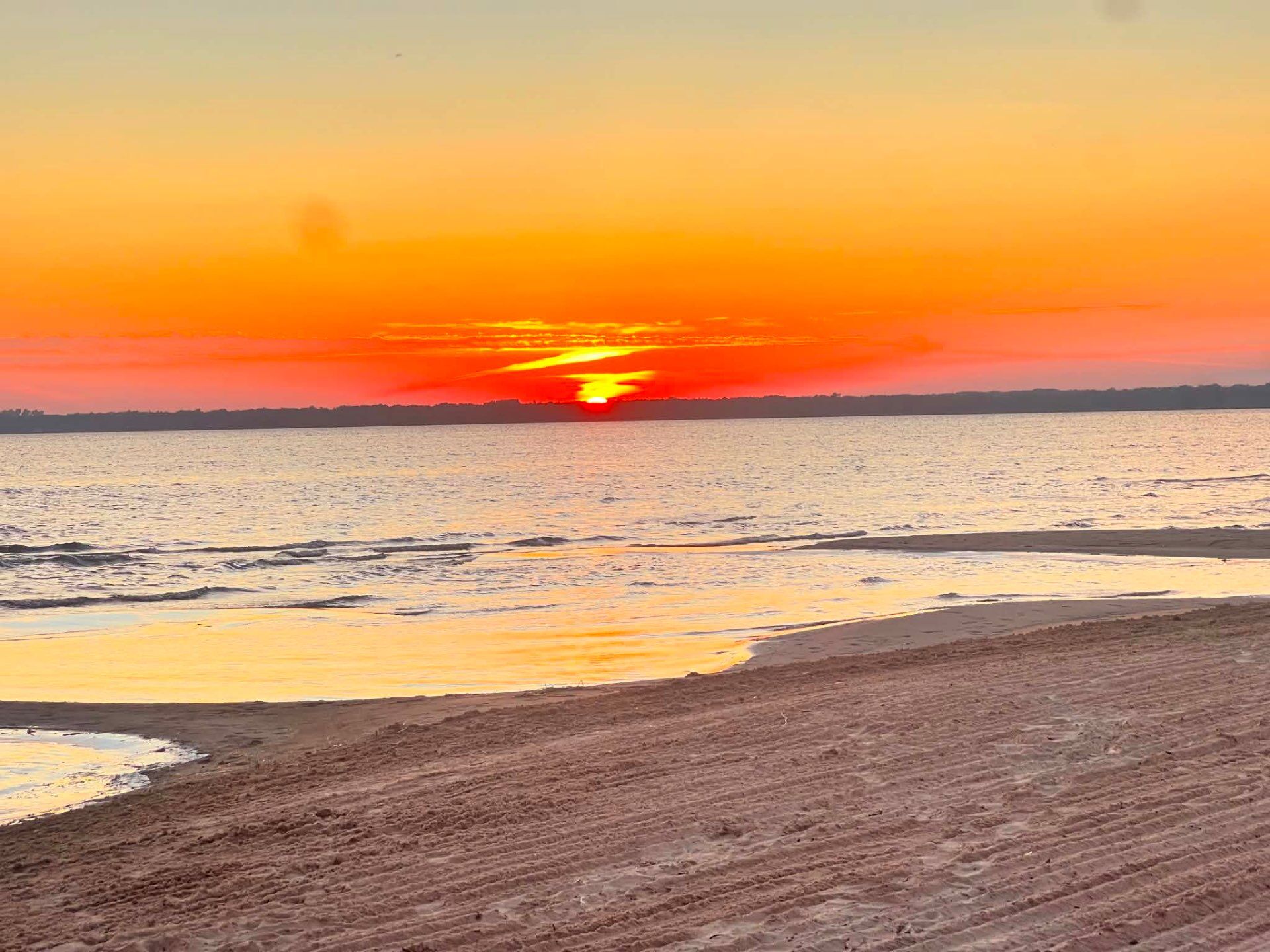 Fiery red sunset over Lake Michigan
